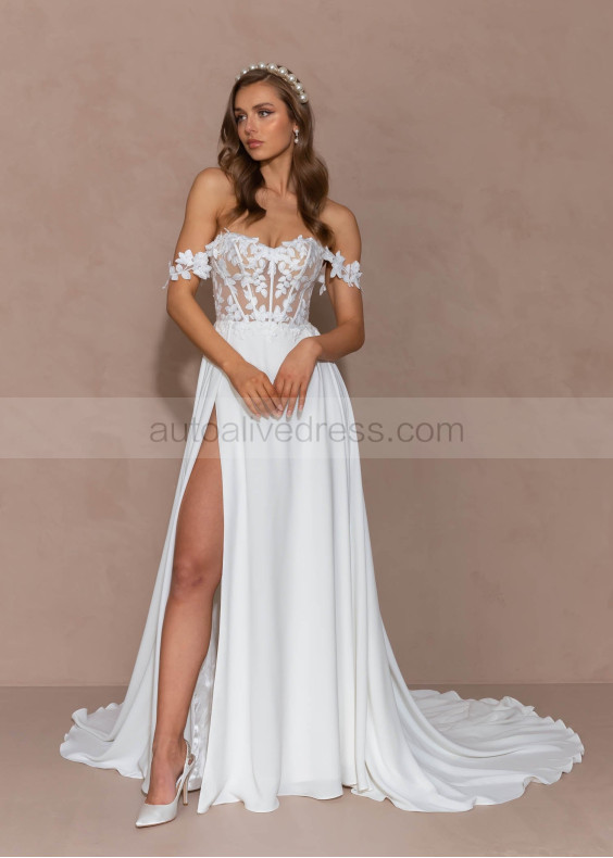 Ivory Lace Chiffon Slit Simple Wedding Dress With Detachable Straps